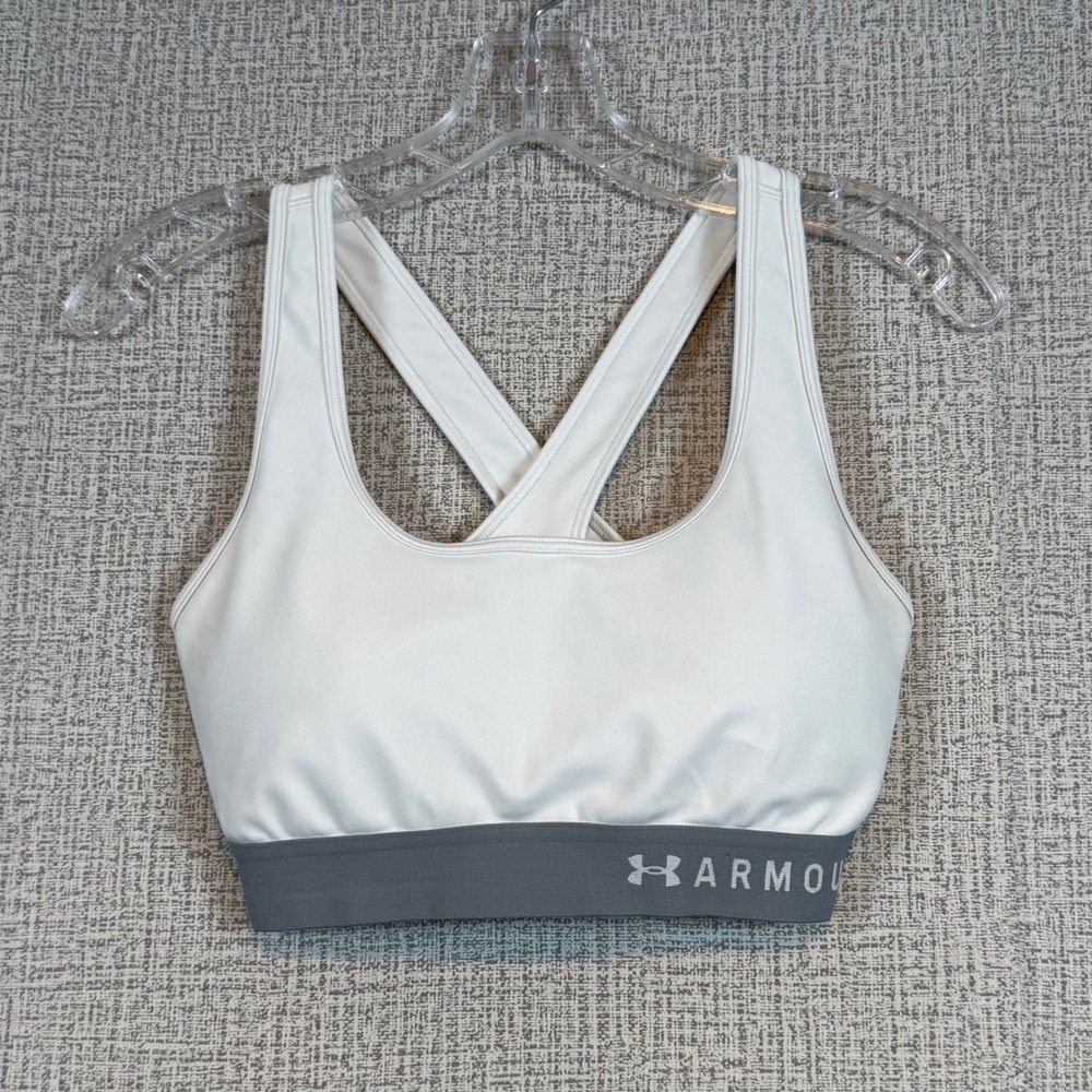 Under Armour Womens Mid Keyhole Sports Bra White Grey Compression Sz. Large Yoga